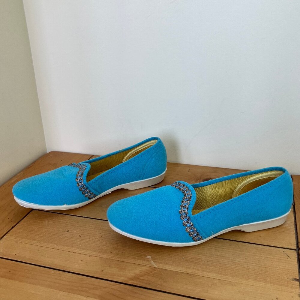 Leisure Treads Blue Felt Slippers Women's Vintage House Shoes White Rubber Soles